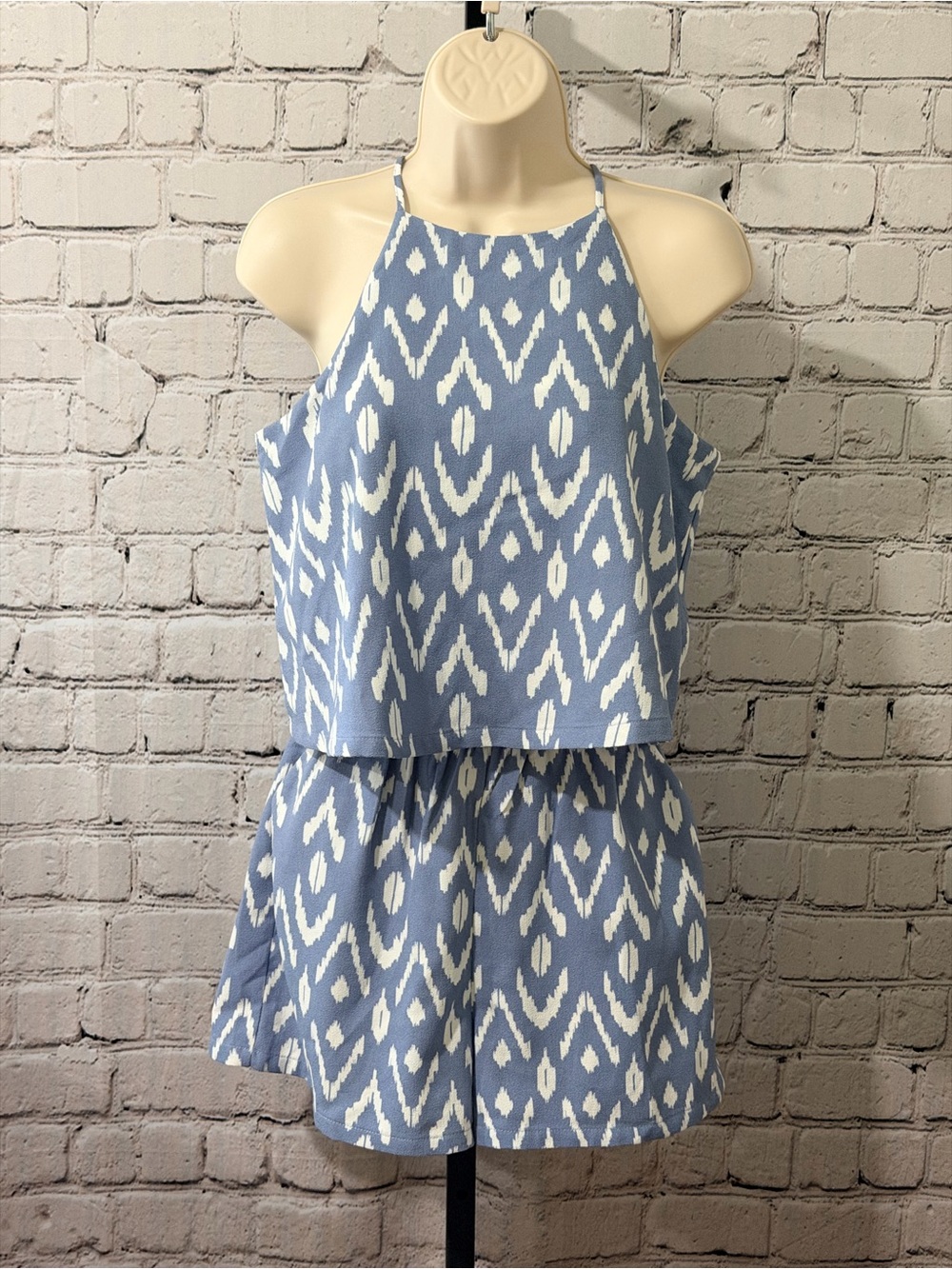 Mud Pie Blue and White Ikat Print Halter Romper xs